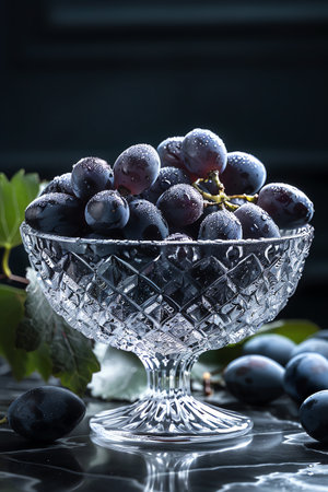 Fresh ripe black grapes in a glass vase on a dark backgroundの素材