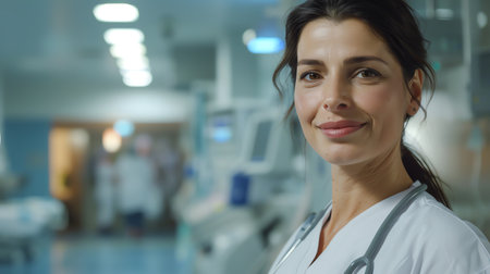 Portrait of a smiling female doctor standing in hospital corridor and looking at cameraの素材