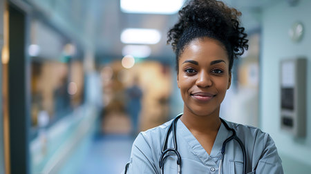 Portrait of african american female doctor in corridor of hospitalの素材