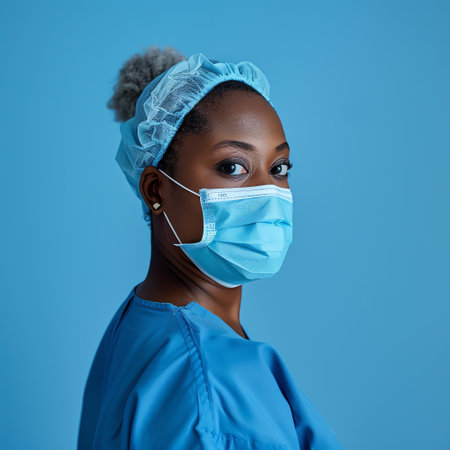 Portrait of young african american female nurse wearing surgical mask, isolated on blue backgroundの素材
