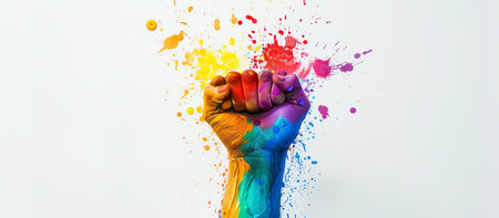 Fist with colorful paint splashes on a white background. The concept of protest and revolutionの素材