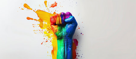 Hands painted in different colors with paint splashes on white backgroundの素材