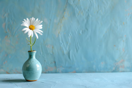 White chamomile flower in blue vase on blue backgroundの素材