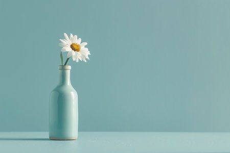 White daisy flower in vase on blue background with copy spaceの素材