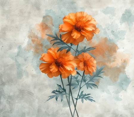 Orange cosmos flowers on grunge textured background. hand drawn illustrationの素材