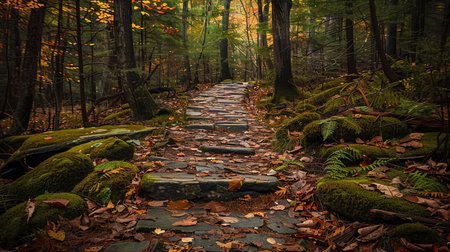 Path in the autumn forest with fallen leaves and mossy rocks.の素材