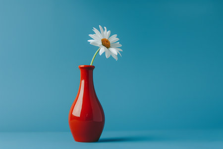 One white daisy flower in red vase on blue background.の素材