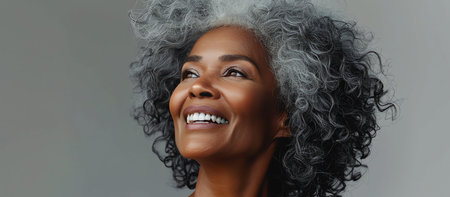 Smiling african american woman with curly hair on gray backgroundの素材