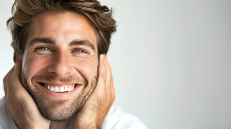 Closeup portrait of a handsome young man smiling, isolated on white backgroundの素材