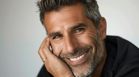 Portrait of a handsome middle-aged Hispanic man smiling at the cameraの素材