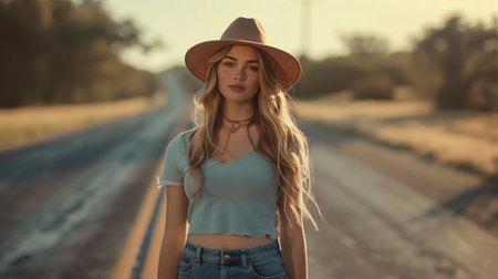 Beautiful young woman in cowboy hat standing on the road at sunsetの素材