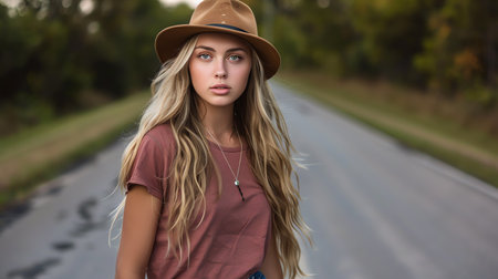 Beautiful blonde girl in a hat on a road in the countrysideの素材