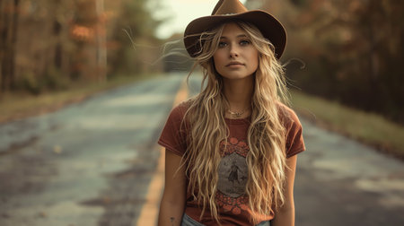 Beautiful girl in cowboy hat on the road. Outdoor portrait.の素材