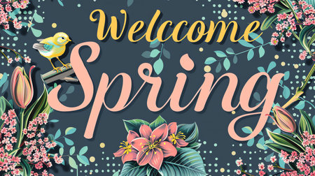 Welcome Spring lettering with flowers and birds. Floral background.の素材