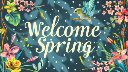 Welcome Spring lettering with flowers and birds. Floral background.の素材