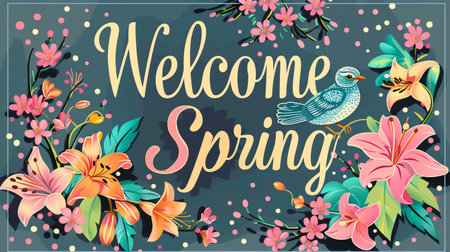 Welcome Spring lettering with flowers and birds. Floral background.の素材