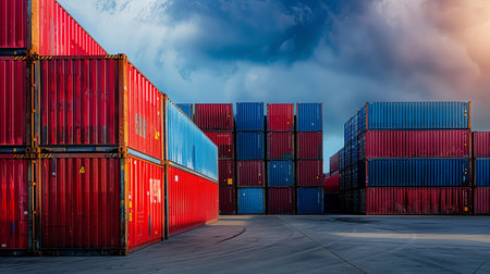 Stack of Cargo Containers at the docks with dramatic sky background.の素材