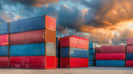 Containers at the docks at sunset. Transportation and logistics concept.の素材