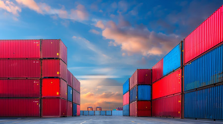 Containers at the docks at sunset, concept of freight transportation and logisticsの素材