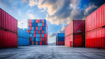 Industrial port container terminal at sunset for Logistic Import Export backgroundの素材