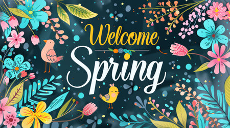Welcome Spring lettering with flowers, leaves and birds. Vector illustrationの素材
