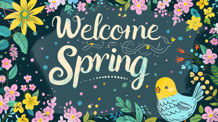 Welcome Spring lettering with bird and flowers. Hand drawn vector illustration.の素材