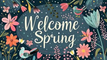 Welcome spring card with flowers, birds and butterflies. Vector illustration.の素材