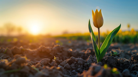 Tulip flower blooming in the field with sunset background.の素材