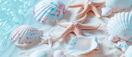 Seashells and starfish on the sand. Summer backgroundの素材