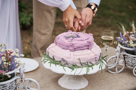 butter cake in rustic style on the holiday table cut the bride and groomの写真素材