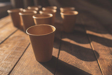 Disposable dark brown kraft paper cups stand on wooden table against brown backgroundの写真素材