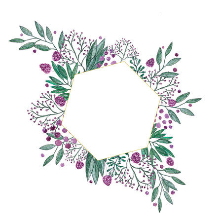 postcard floral collage of branches with leaves, small clover flowers and colored spotsの写真素材