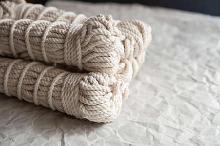 Handmade macrame threads. DIY stylish macrame wall decor from 100 cotton. Material for a natural modern decor concept in the interior.の写真素材