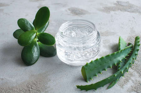 Gel texture with bubbles hyaluronic acid and aloe vera branches in a glass jar on a concrete backgroundの写真素材