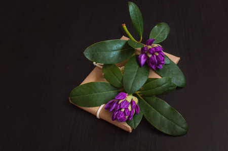 Purple azalea flowers with a gift in craft packaging on a wooden black background.