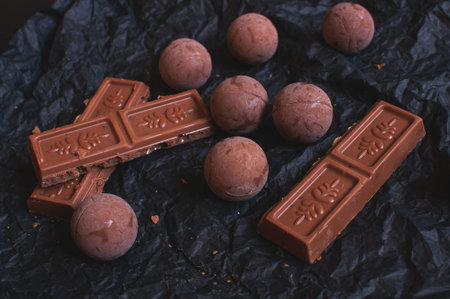 chocolate round candies with chocolate pieces on dark crumpled craft paper with lavender flowers