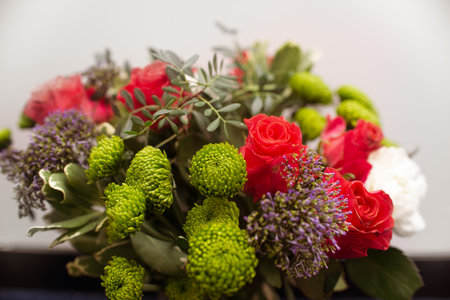 Wedding flower arrangement close-up, bouquet of mixed flowers in a flower shopの写真素材