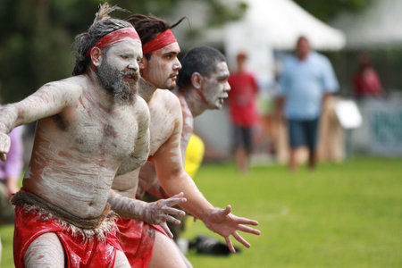 SYDNEY, AUSTRALIA Ð NOVEMBER 19: Aboriginal dancers perform at the Official opening on the refurbished Audley Dance Hall at the Audley Weir in the Royal National Park on November 19, 2012 in Australia.のeditorial素材