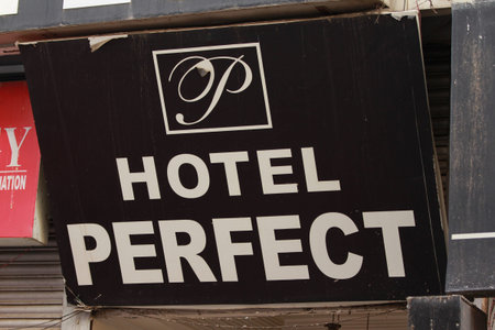 New Delhi, India - March 6, 2012: Hotel Perfect front facade by night, New Delhi on March 6, 2012 in New Delhi, National Capital Region, North India.のeditorial素材