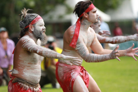 Sydney, Australia, February 19, 2012: Aboriginal dancer performs at the Audley Weir in the Royal National Park in Australia.のeditorial素材
