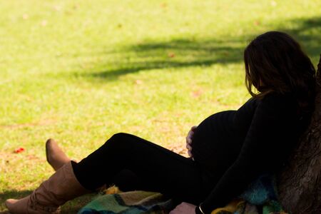 Pregnant woman at park in warm weather with green grassの写真素材