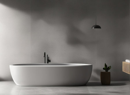 Interior of modern bathroom with white and gray walls, concrete floor, comfortable white bathtub and potted plant. 3d renderingの写真素材