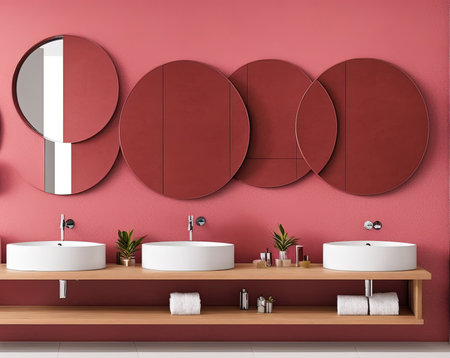 Interior of modern bathroom with red walls, concrete floor, white bathtub with round mirror hanging above it and two round mirrors. 3d renderingの写真素材