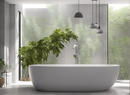 Interior of modern bathroom with white walls, concrete floor, comfortable white bathtub standing...