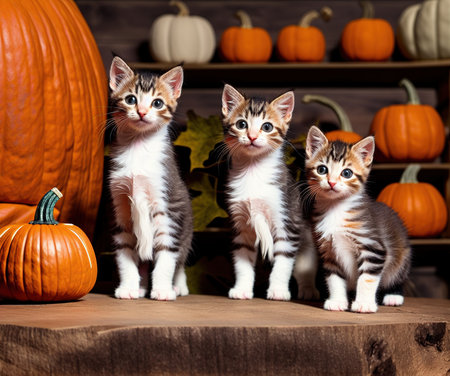 Three little kittens sitting in front of pumpkins. Halloween background.の写真素材
