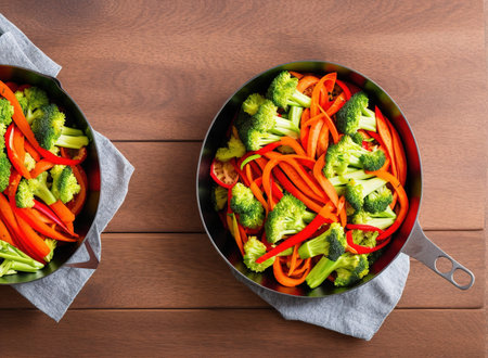 Stir fry vegetables in pan on wooden background. Top view.の写真素材