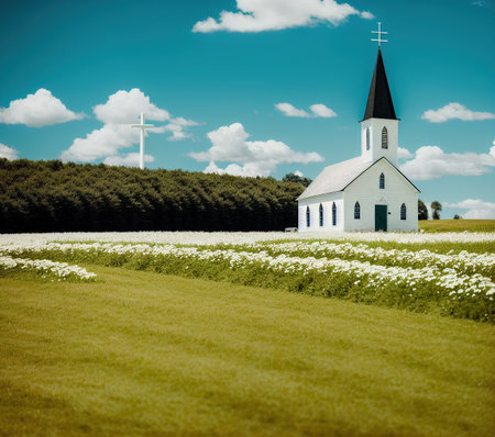church in a field with white flowers and blue sky with white cloudsの写真素材