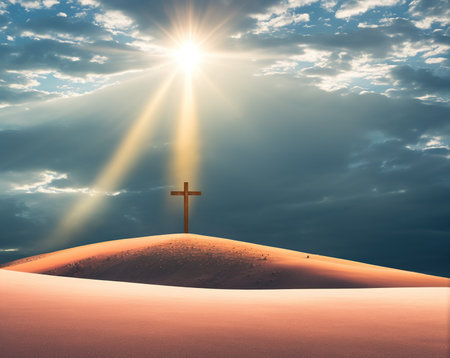 Cross in the desert with sun rays and clouds. 3D renderingの写真素材