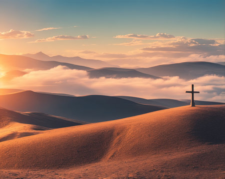 Cross on the top of the mountain at sunrise. Conceptual image.の写真素材