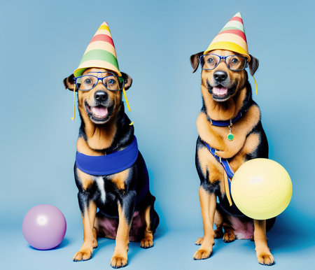 Two funny dogs in party hats and eyeglasses with balloons.の写真素材